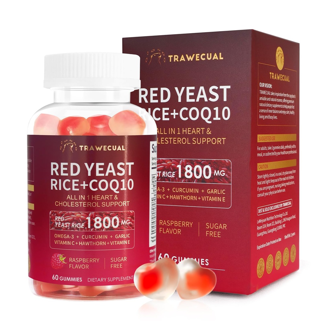 Red Yeast Rice 1800mg with 200mg CoQ10 Gummies, Cholesterol, Heart Health & Antioxidant Support, 8-in-1 Sugar Free with Omega-3, Turmeric, Hawthorn, Garlic, Vitamin C, Vitamin E - Vegan- 60 Gummies