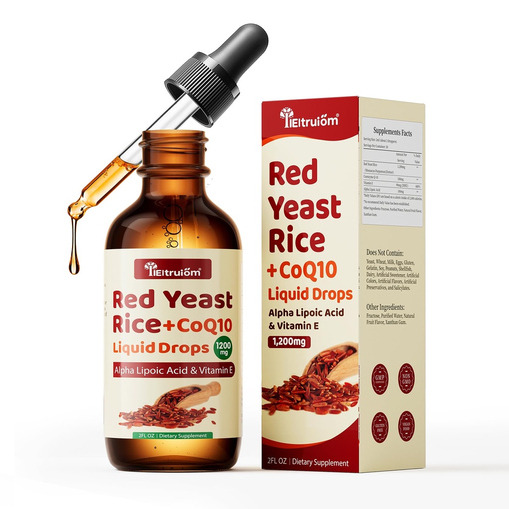 llEltruiom Liposomal Red Yeast Rice with Coq10 Drops - 1200mg Organic Red Rice Yeast Extract for Cholesterol Supplement - Citrinin Free Coenzyme Q10 for Antioxidant - 2 Fl Oz, Sugar Free