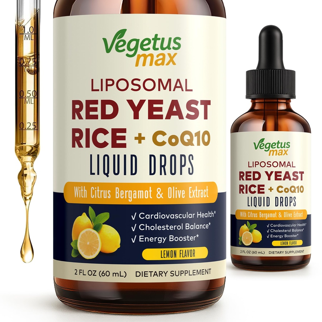 Liposomal Red Yeast Rice with CoQ10 Drops, Red Rice Yeast 1200 mg for Cholesterol Health Immune Heart Support, Cholesterol Lowering Liquid Drops with Citrus Bergamot Olive Fruit Extract, 2 FL OZ