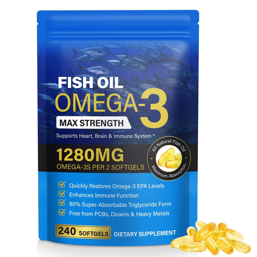 Omega 3 Fish Oil | 240 Lemon Flavored Softgels | Omega 3 Supplements Support Heart, Brain, Eyes & Immune Health | Easily Absorbed, Gluten-Free & Non-GMO
