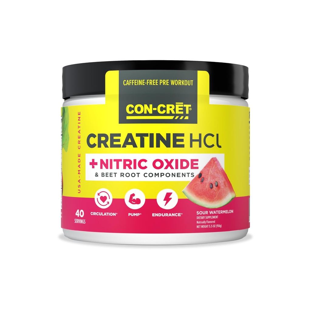 CON-CRET Creatine HCl with Nitric Oxide and Beet Root Components, Supports Better Blood Flow, Pump, & Endurance, Stimulant-Free Pre-Workout, Sour Watermelon Flavor (40 Servings)