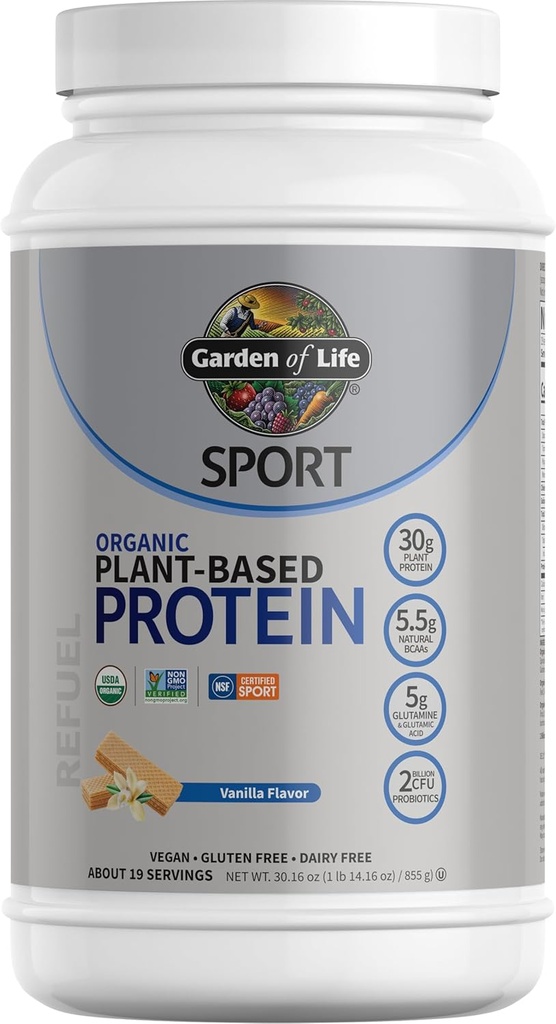 Garden of Life Organic Vegan Protein Powder with Probiotics, BCAAs, NSF Certified, Gluten Free " Sport, Non GMO, Sport Protein Powder, 19 Servings, Vanilla
