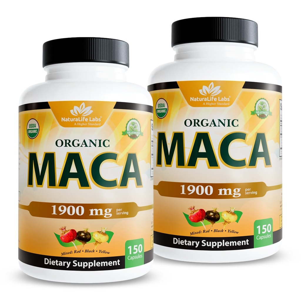NaturaLife Labs Organic Maca Root – Black, Red & Yellow – 1900 mg per Serving – 150 Capsules – Gelatinized Peruvian Maca – Non-GMO, Gluten-Free, Vegan (2 Pack)