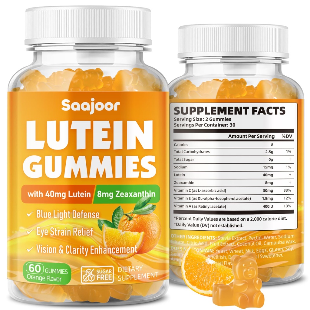 Lutein & Zeaxanthin Gummies - Eye Vitamin Supplement with 40mg Lutein & 8mg Zeaxanthin to Support Macular, Vision & Overall Eye Health, Naturally Orange Flavor, 60 Count