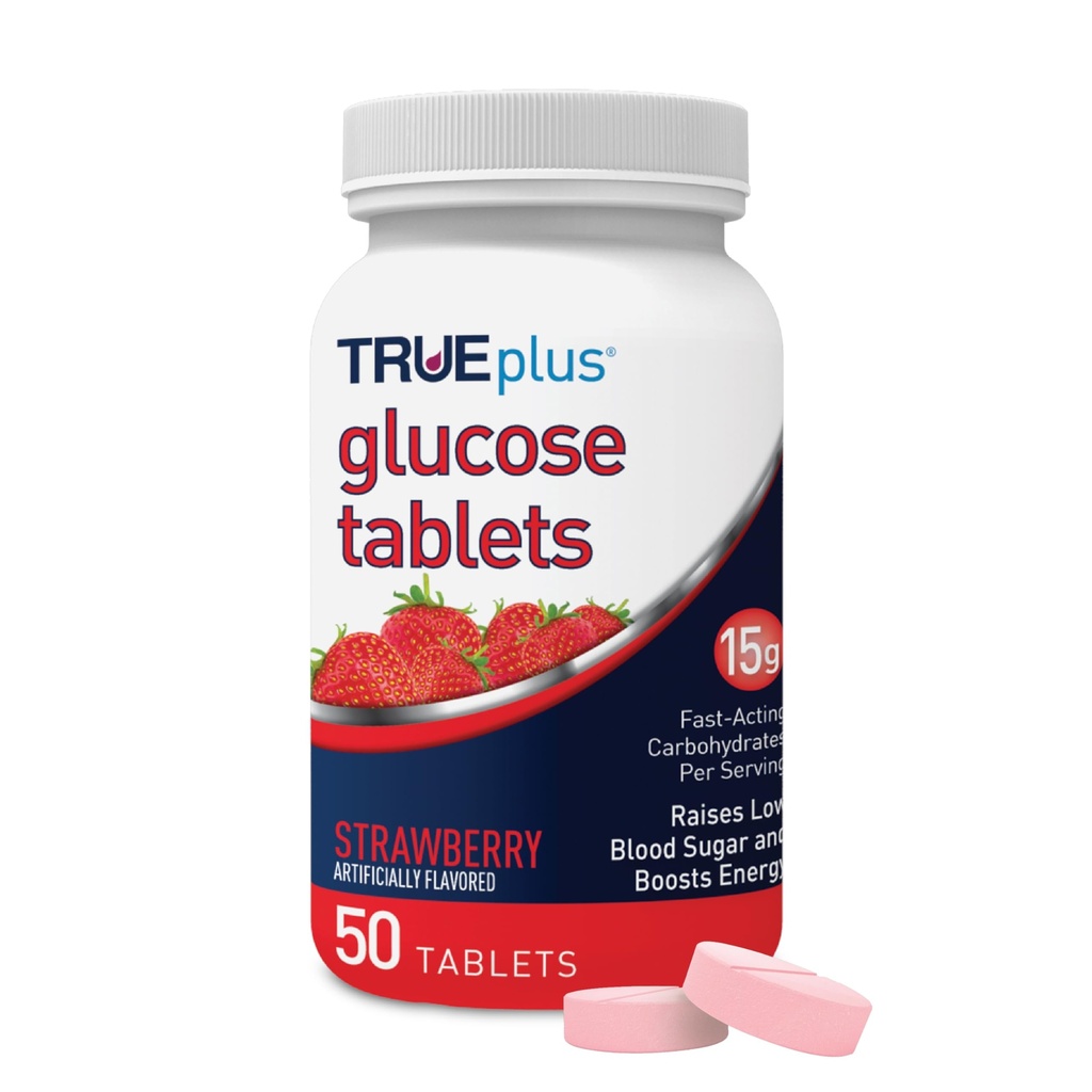 TRUEplus Glucose Tablets, Chewable, Strawberry Flavor, 15g Fast-Acting Carbohydrates, Fat Free, Gluten Free, Boost Energy, 50 Count