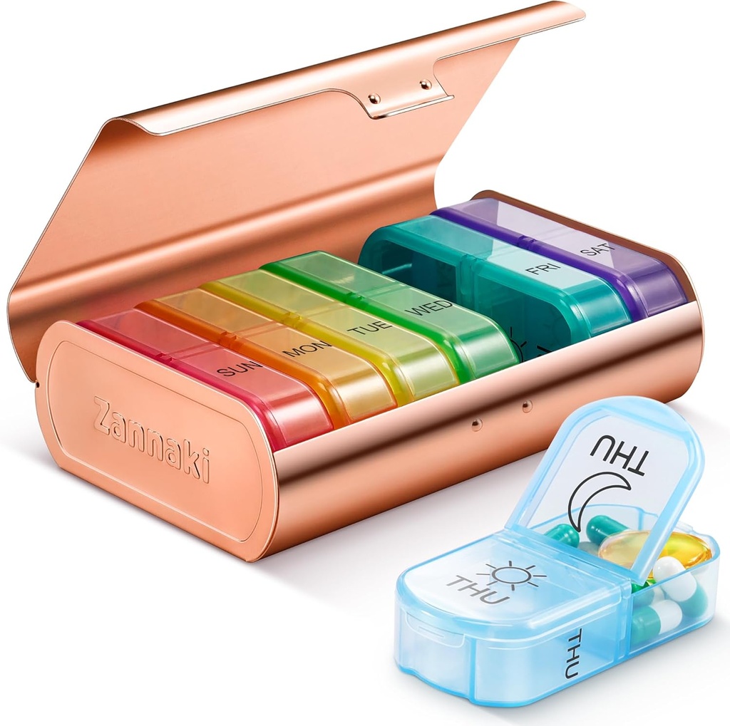 Zannaki Metal XL Weekly Pill Organizator 2 ori pe zi, Large Travel Daily Pill Box 7 zile, Portabil Săptămâna de două ori Pilula Holder Container, AM PM Pilula Caz pentru Medicina Vitamina Supliment de medicamente, aur