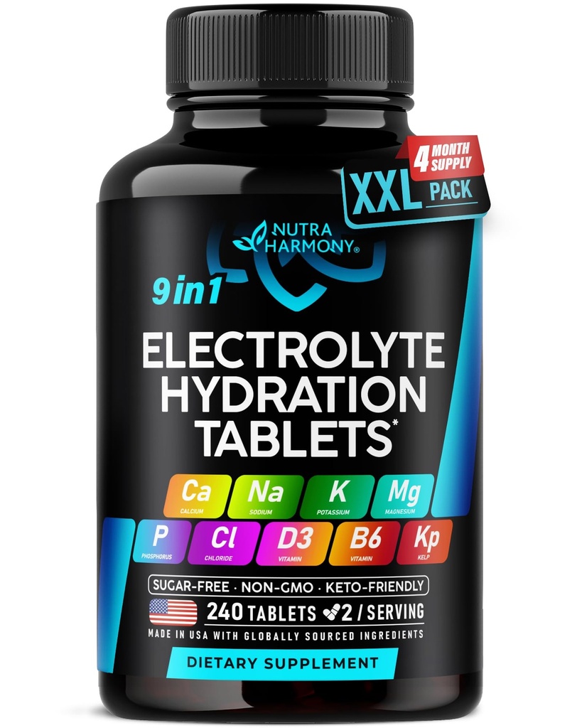 Electrolytes - Electrolyte Tablets with Magnesium, Sodium, Potassium, Chloride, Vitamins D3 & B6, Kelp Powder - Salt Pills - Lab Tested - Oral Tablets as Capsules - Vegan & Keto Friendly - 240 Tabs