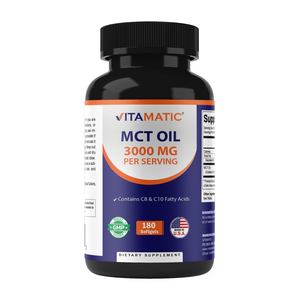 Vitamatic MCT Oil 3000 mg per Serving - 180 Softgels - from Coconut Oil - Contains 55% caprylic Acid C8 and 40% capric Acid C10
