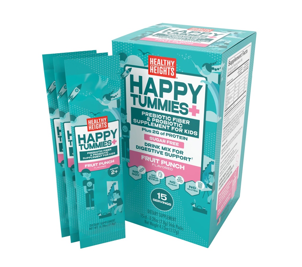 Healthy Heights Happy Tummies Prebiotic Fiber and Probiotic Supplement for Kids Ages 2+, Sugar Free, Fruit Punch Flavor, 15 Servings, 3.75 oz