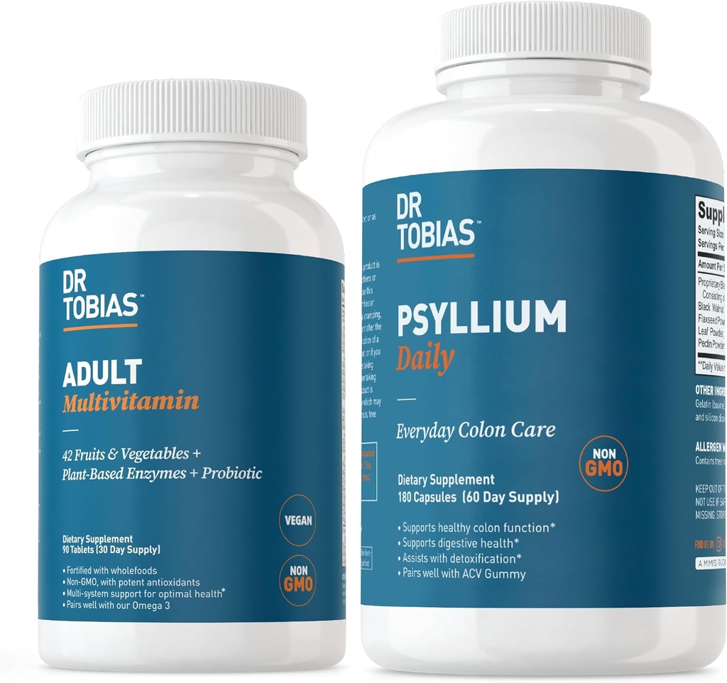 Tobias Doktorearen Multivitamin & Psyllium Daily-k Energia, Immunitatea eta Bowel Mugimendu Osasuntsuak onartzen ditu 42 Fruits & Vegatables, Psllium Husk, Bentonite Clay, Flaxseed & Natural Ingredients