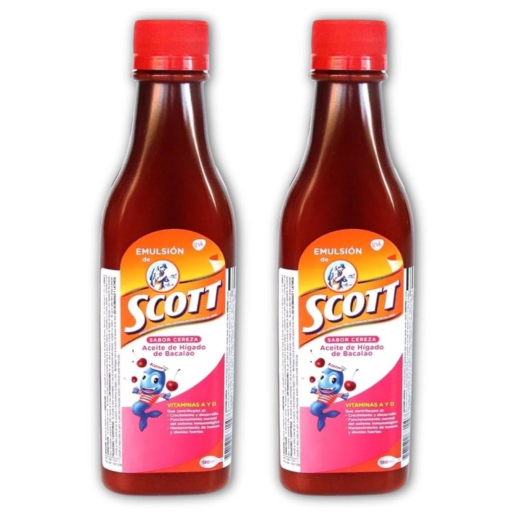 Emulsion de Scott Aceite de hígado de bacalao sabor Cereza - Pack de 2 de 6.1 fl oz - 180 ml - Suplemento dietético para niños con vitamina A y Calcio.