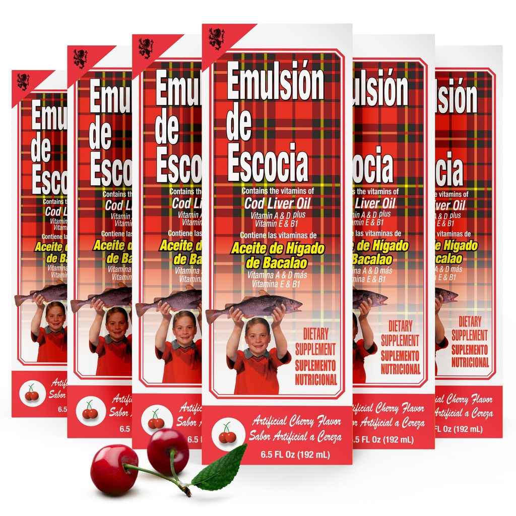 Emulsion de Escocia Cherry Flavor 6-Pack – Cod Liver Oil Liquid Supplement for Kids – Omega-3 Fish Oil with Vitamins A, D, E & B1 – Immune Support & Growth for Children – 6.5 Fl Oz Pack of 6