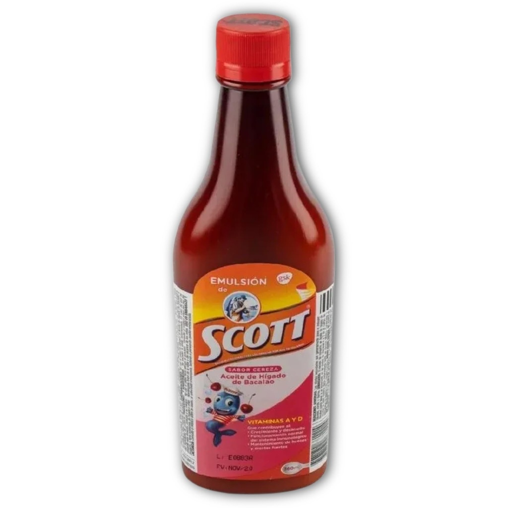 Emulsion de Scott Sabor Cereza (Cherry) (360 ml - 12.17 Fl Oz) Aceite de hígado de bacalao con vitamina A y Calcio, suplemento dietético para niños -