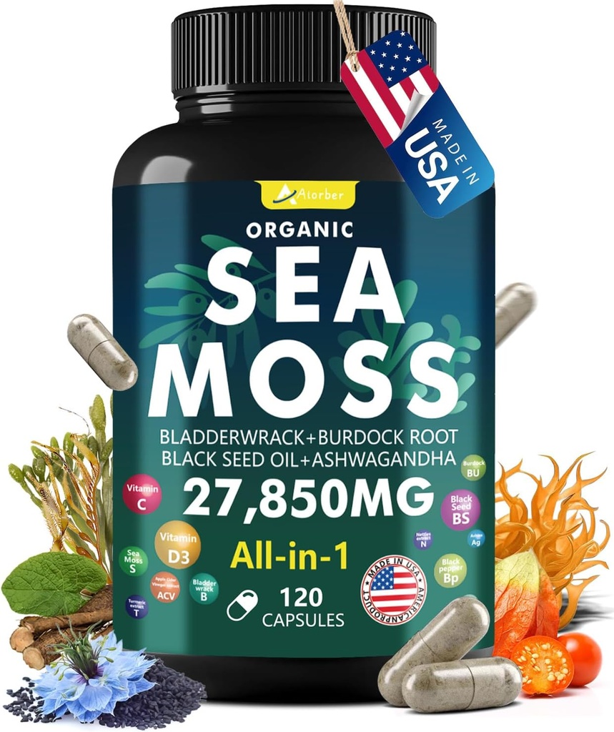 Sea Moss Capsule Complex with Sea Moss, Black Seed Oil, Aşhwagandha, Ginger & Vitamīni C, D3-120 Capsules,Superfood Supplements - Advanced Seamoss Pills, Wild Sea Moss Pills, Ražots ASV