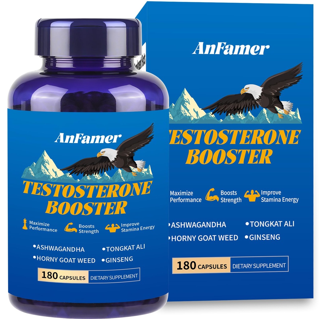 Testosterone Booster for Men with Ashwagandha, L-Arginine, Tongkat Ali, Tribulus, Natural Testosterone Supplement for Men Workout, Strength Booster, Performance and Building Muscle, 180 Capsules