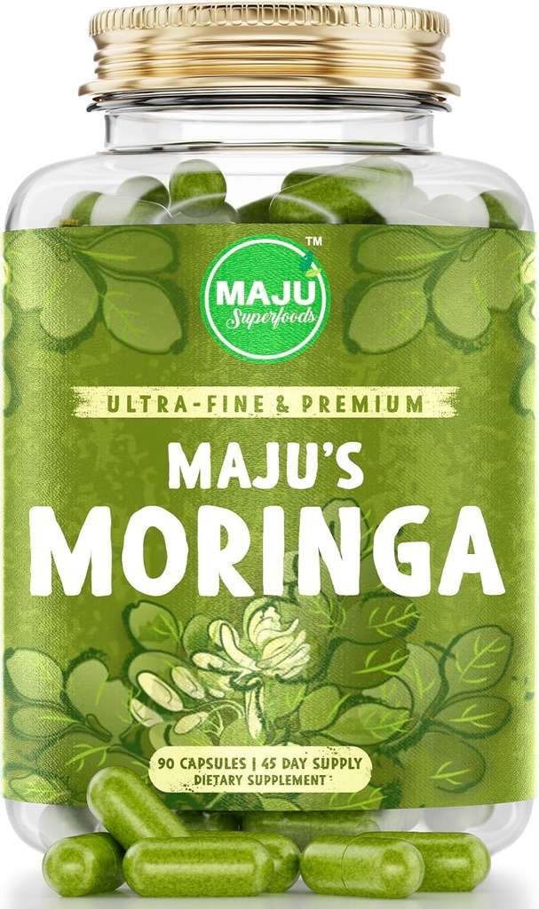 Maju Superfoods Organic Moringa Capsules, Oleifera Leaf, Extra-Fine Quality Moringa leaves, Drumstick Tree leaves, Organic Moringa Powder Extract supplement Capsules from Plant (90 ct)