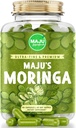 Maju Superfoods Organic Moringa Kapsułki, Oleifera Leaf, Extra- Fine Quality Moringa Liście, Suszone Liście Drumstick Drzewa, Organic Moringa Powder Extract Suplement Kapsułki z rośliny (90 szt)