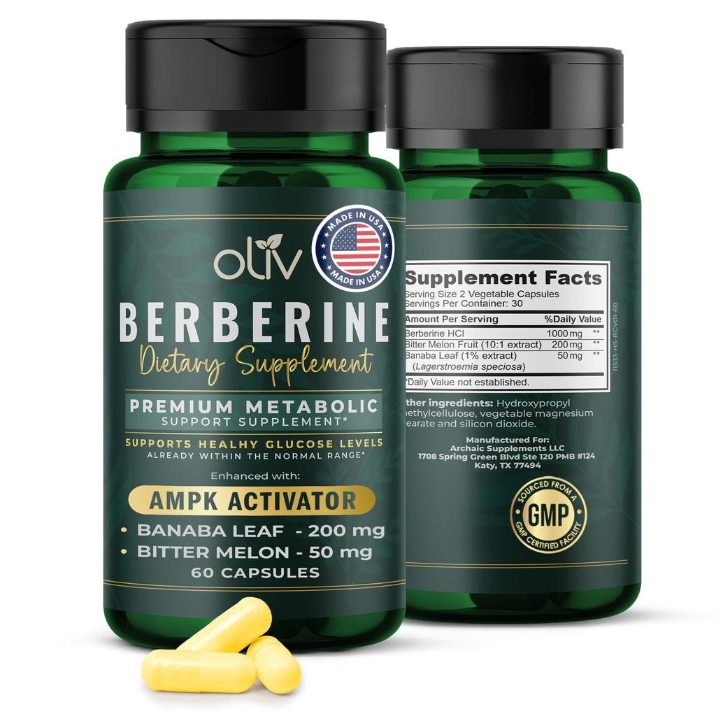 oliv Pure Berberine Supplement Capsules – Berberine HCI 1000mg - Natural Metabolic Support with 200mg Bitter Melon Fruit Extract and 50mg Banaba Leaf – 2 Veggie Capsules Daily (30 Servings)