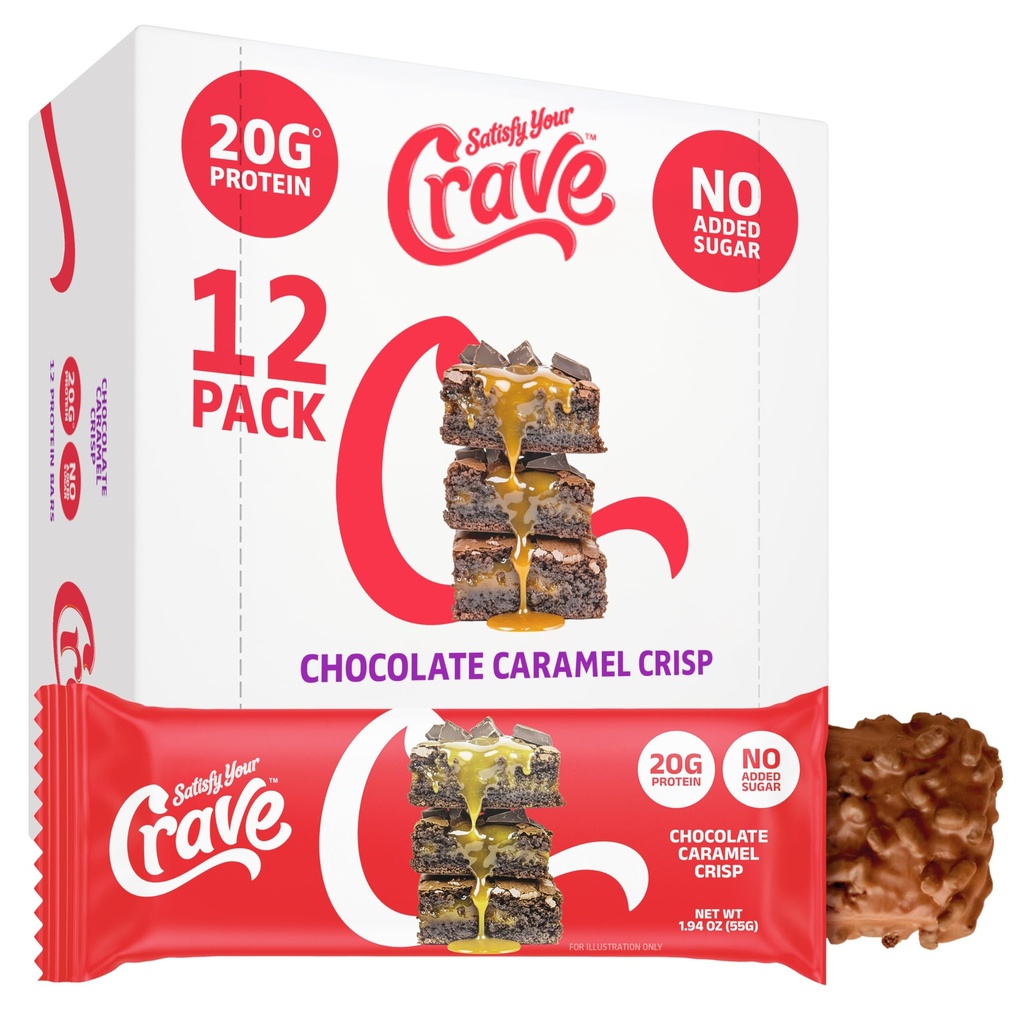 Satisfy Your Crave Protein Bars– High Protein Delicious Snacks– 20g of Protein, No Added Sugar– Chocolate Caramel Crisp– Perfect for Breakfast, On-the-Go Snack, Pantry Staple & Office Treat– Non-GMO, 12 Pack