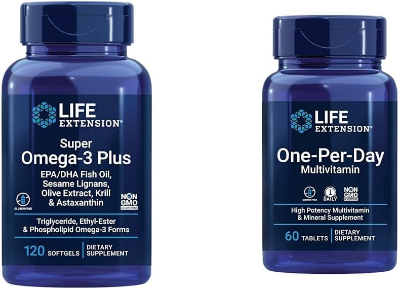 Extension de vie Super Omega-3 Plus EPA/DHA Huile de poisson, sésame Lignans, extrait d'olive et multivitamine par jour – emballé avec plus de 25 vitamines, minéraux et plantes