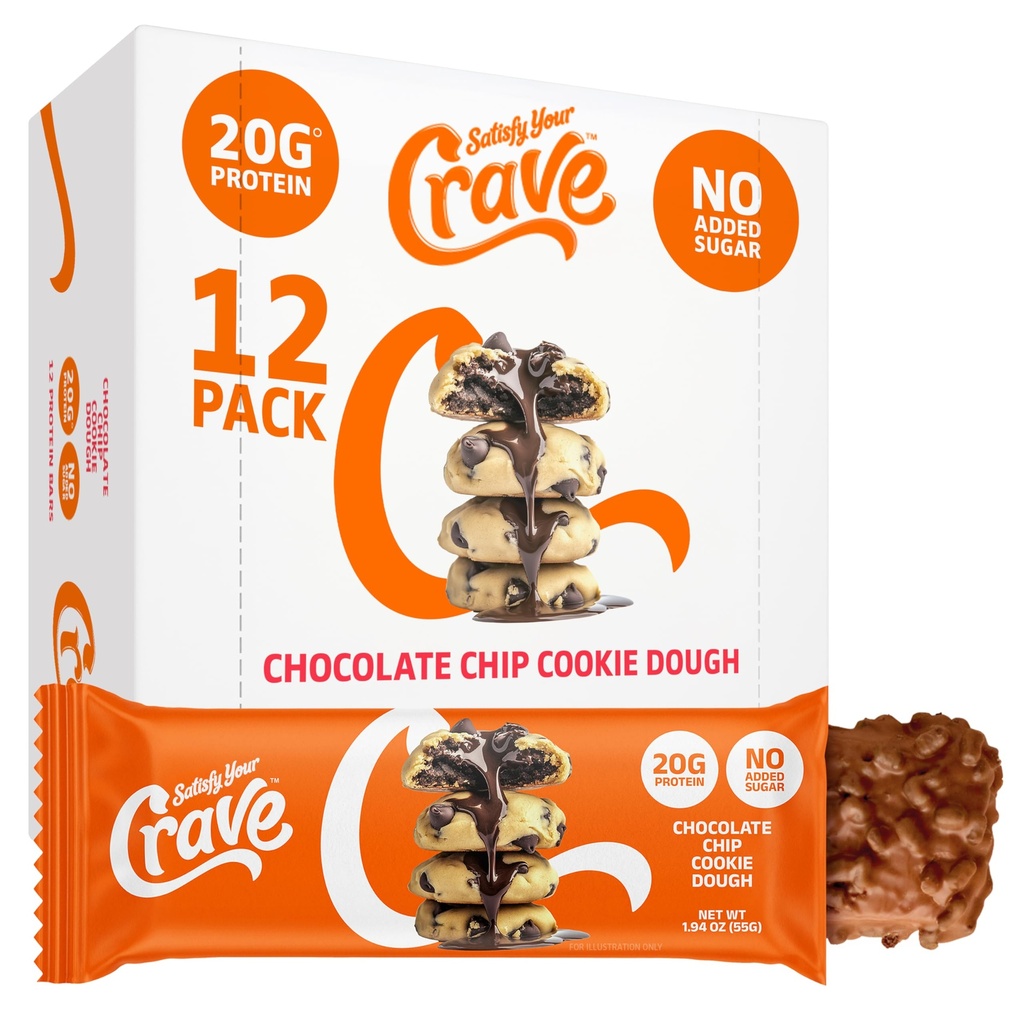 Satisfy Your Crave Protein Bars– High Protein Delicious Snacks– 20g of Protein, No Added Sugar– Chocolate Chip Cookie Dough– Perfect for Breakfast, On-the-Go Snack, Pantry Staple & Office Treat– Non-GMO, 12 Pack