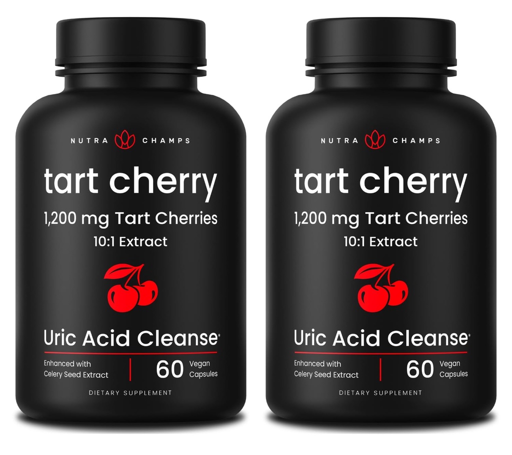 NutraChamps Organic Tart Cherry Extract Capsules - Made from Montmorency Tart Cherry Concentrate, Celery Seed & Bilberry - Supports, Sleep, Uric Acid Levels & Joint Health - 120 Vegan Capsules