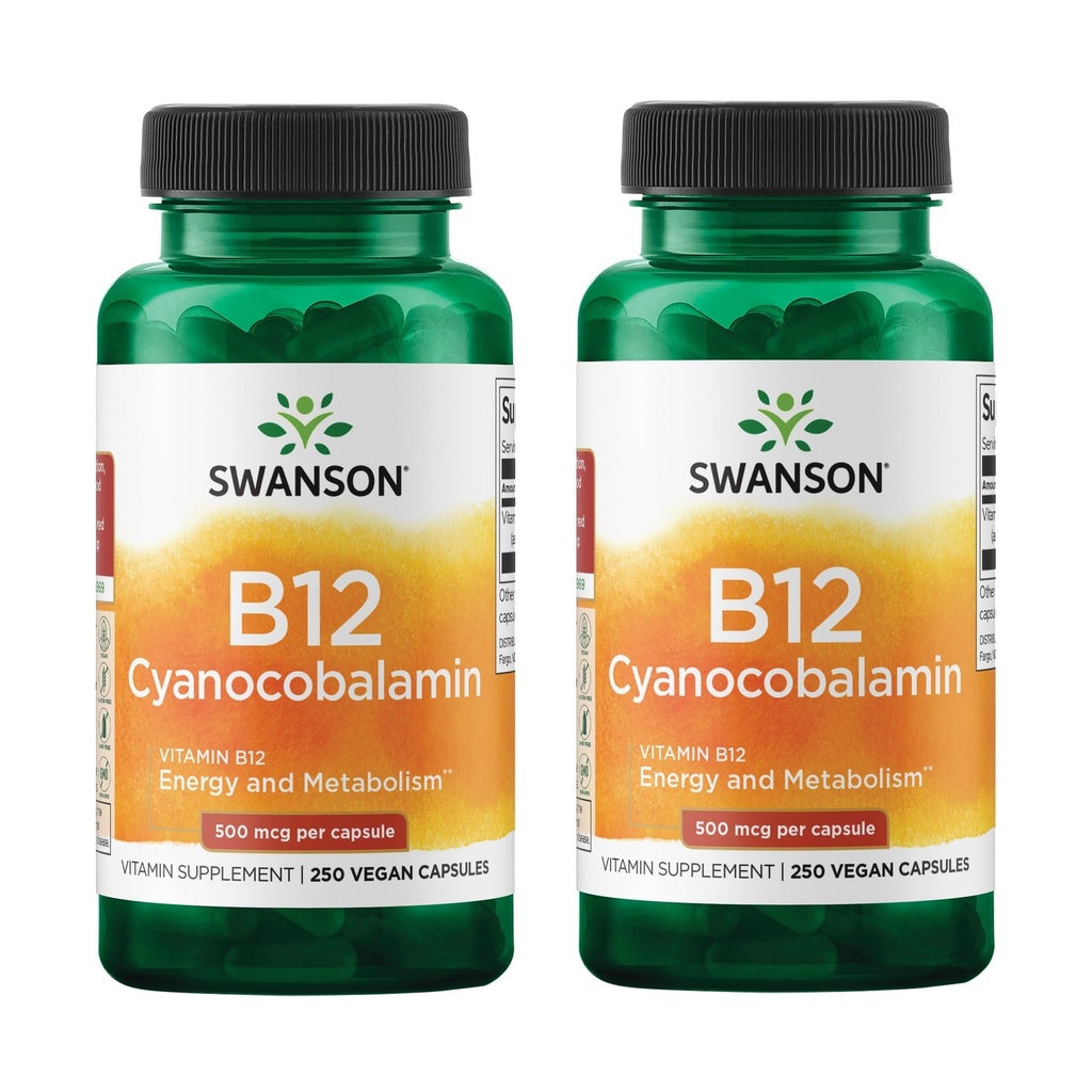 Swanson B12 Cyanocobalamin - Metabolism & Energy Support - Aids Nervous System & Cardiovascular Health - Supports Red Blood Cell Production* - Non-GMO & Gluten Free - 250 Capsules