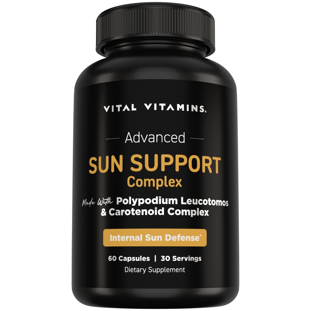 Vital Vitamins Sun Support Complex Supplement - Made with Polypodium Leucotomos, Carotenoid Complex, Astaxanthin, & Lutein - Internal Sun Defense & UV Oxidative Stress Support - 60 Capsules