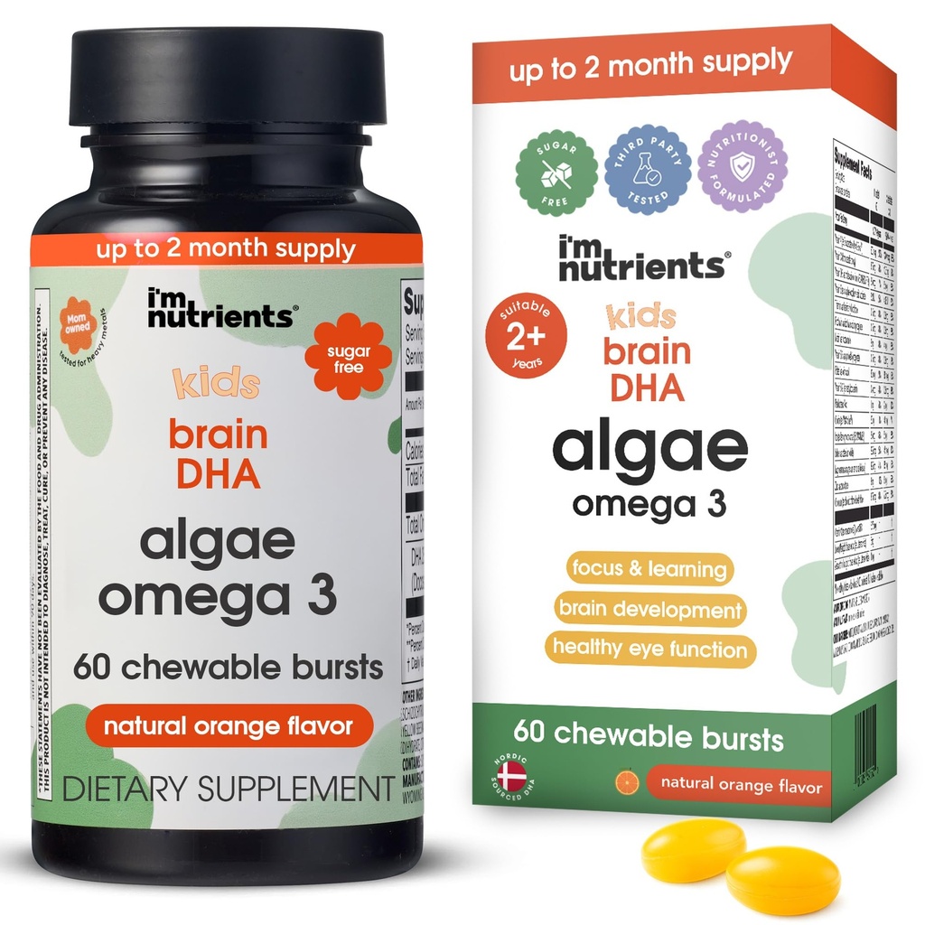 I'm Nutrients Brain DHA Algae Omega 3 Supplement for Kids | Supports Brain Development | Promotes Healthy Eye Function | Naturally Flavored | 60 Chewable Soft Gelatin Capsules