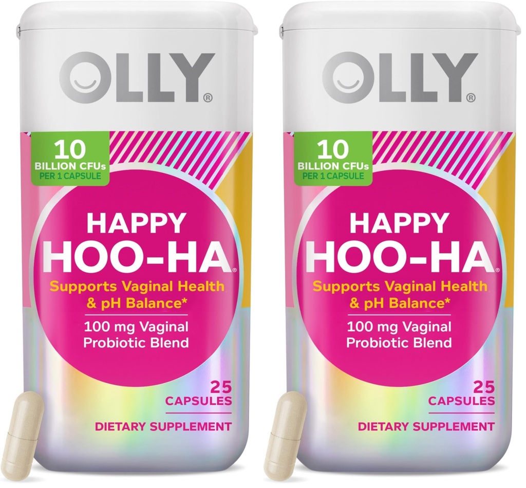 OLLY Happy Hoo-Ha Capsules, Probiotics for Women or People wth Vaginas, Vaginal Health and pH Balance, * 10 Billion CFU, Gluten Free, 25 Count (Pack of 2)