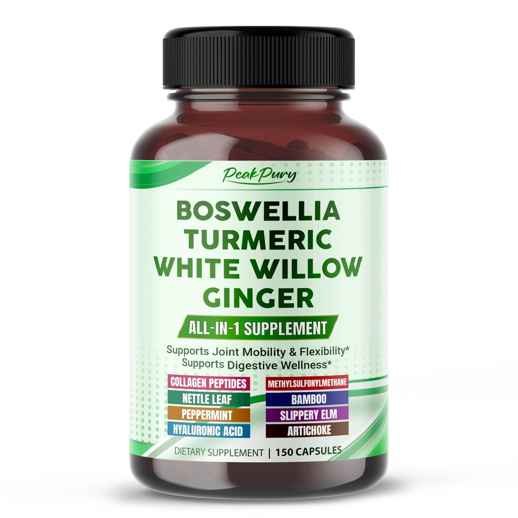 All-in-1 Boswellia, Turmeric, White Willow & Ginger Supplement – Supports Joint Comfort, Flexibility & Digestive Wellness – 150 Capsules
