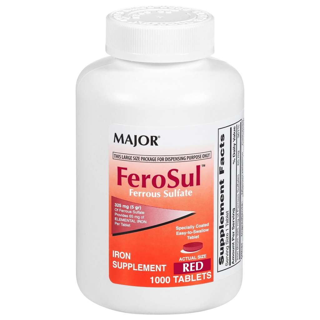 Major FeroSul - Ferrous Sulfate 325 mg Tablets - Iron Supplement for Women and Men - Specially Coated Easy-to-Swallow Tablets - Red - 1000 Count