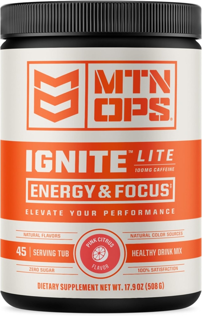 MTN OPS Ignite Lite Energy Chowder Gluder Free Nitric Oxide Supplement Drink, L Arginine, L Citrulline, Caffeine & Nootropic Sugar Free Drink Mix, 45 Servings, Pink Citrus