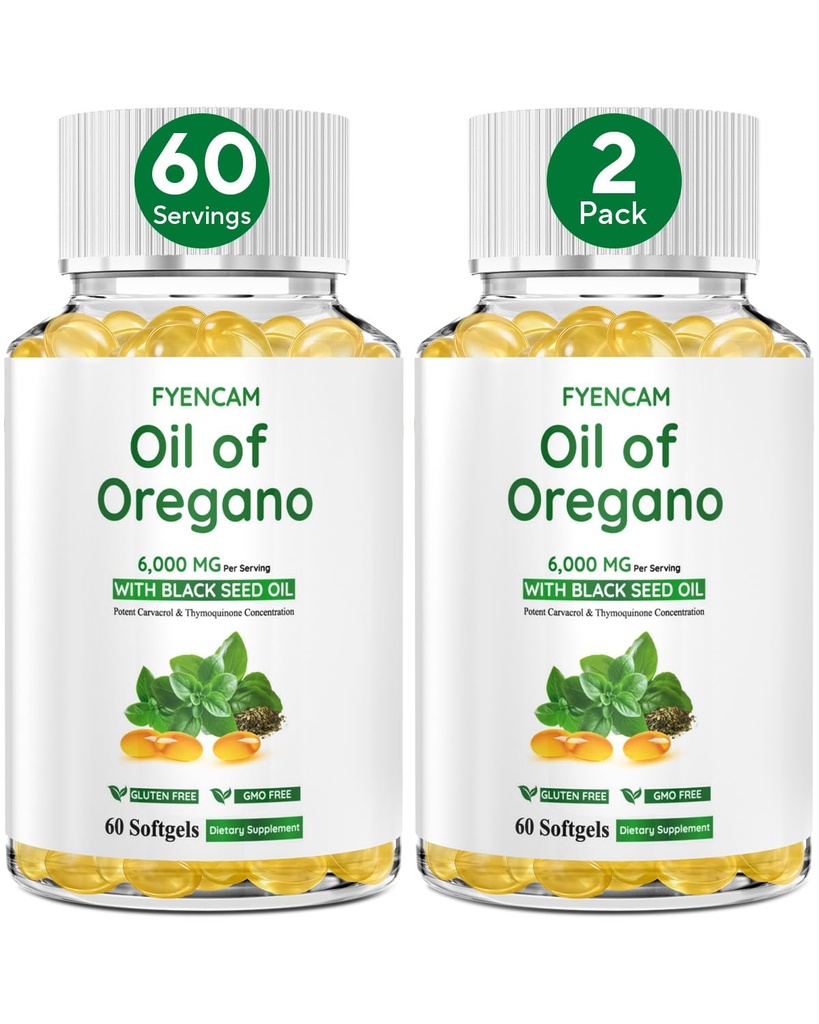 Oil of Oregano with Black Seed Oil, 6000mg Oregano Oil Capsules Organic with Carvacrol & Thymoquinone, 2 in 1 Supplement for Immune Health, Non-GMO, Easy to Swallow, 2 Bottle, Total 120 Softgels