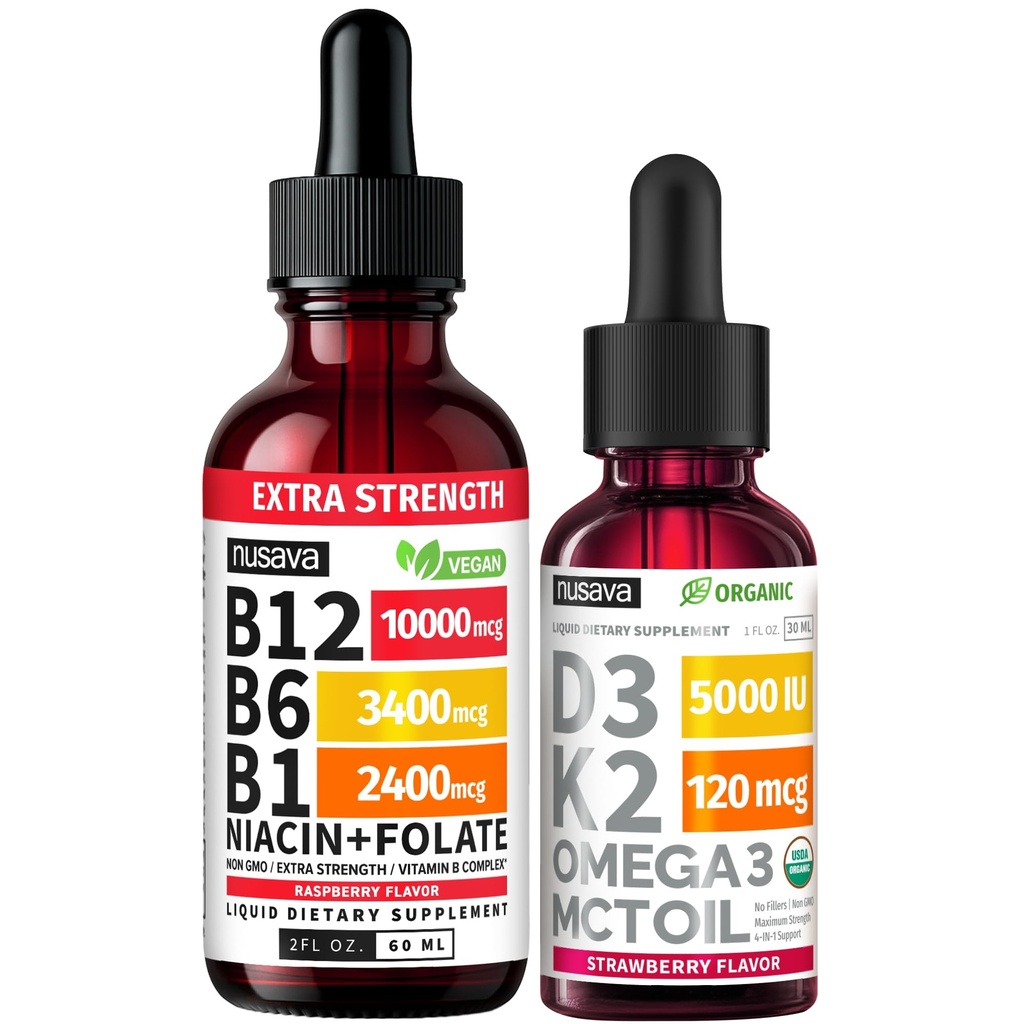 NUSAVA (2 Pack) Extra Strength Liquid Vitamin B12 Sublingual Vitamin B Complex (Raspberry) - (2-Pack) Vitamin D3 K2 Drops, B12 5000 mcg Sublingual, D3 5000 IU with MCT Oil and Omega 3 (Strawberry)