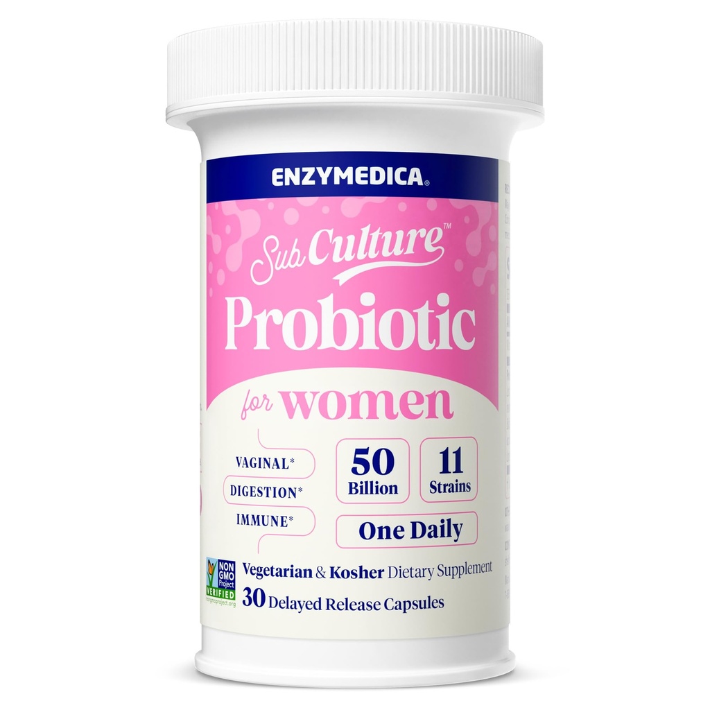 Enzymedica SubCulture Probiotic Supplement for Women - Women's Probiotic for Vaginal & Urinary Health Support, 50 Billion CFU, Supports Immune & Gut Health, Microbiome Balance, Vegetarian - 30 Caps