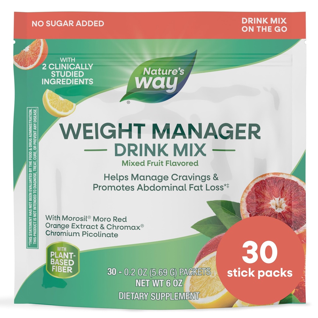 Nature's Way Weight Manager Drink Mix Packets, Supports Craving Management & Abdominal Fat Loss*(1), with Clinically Studied Ingredients, Plant-Based Fiber, No Sugar, Mixed Fruit Flavored, 30 Packets