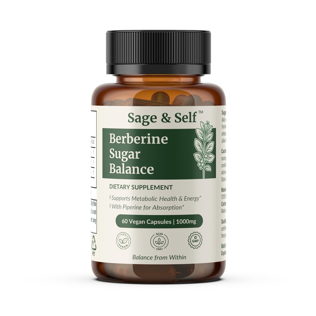 Sage & Self Berberine Sugar Balance – Berberine HCL with Ceylon Cinnamon & Black Pepper – 1000 mg Per Serving – Vegan Herbal Supplement (60 Capsules)