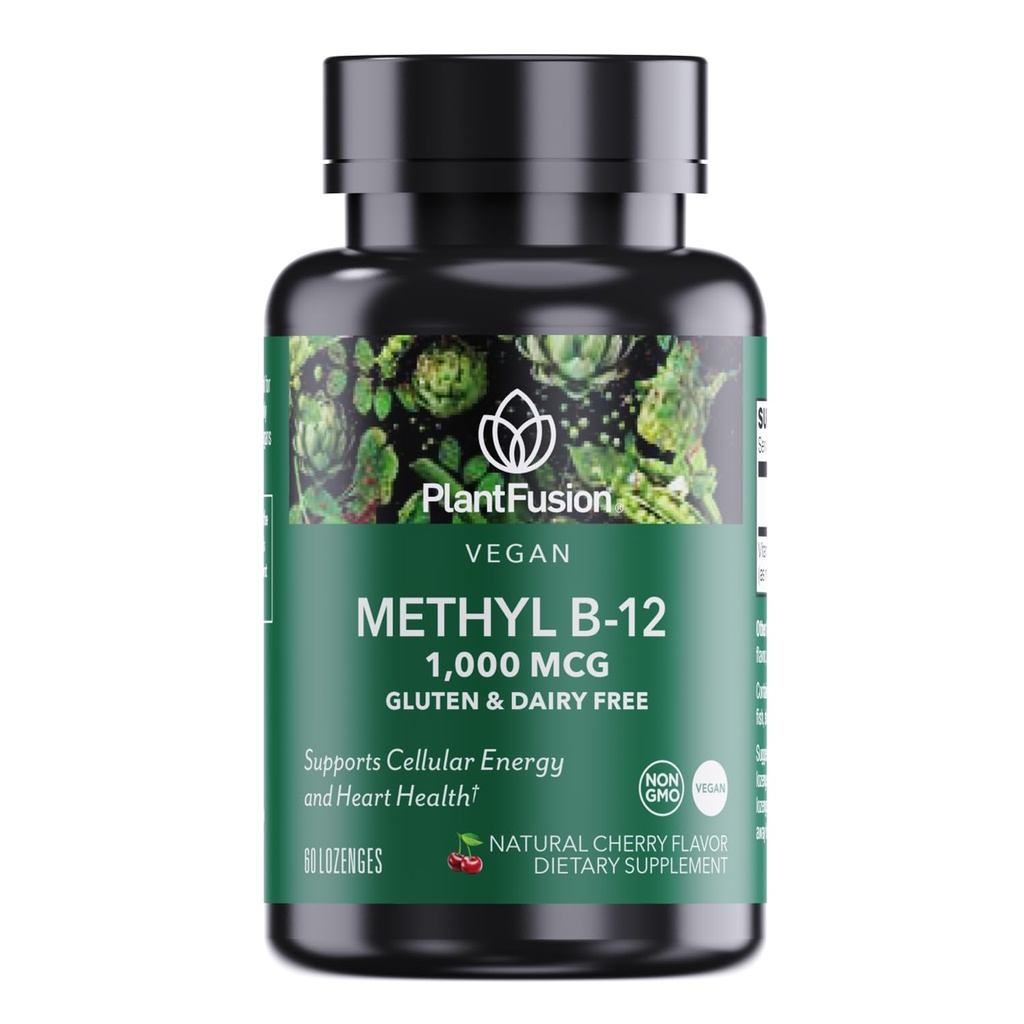 PlantFusion Vegan B12 Methyl 1000 mcg - Sublingual Vitamin - Supports Energy, Heart Health, Nervous System - Cherry Flavor, 60 High Potency Methylcobalamin Lozenges for Fast Absorption