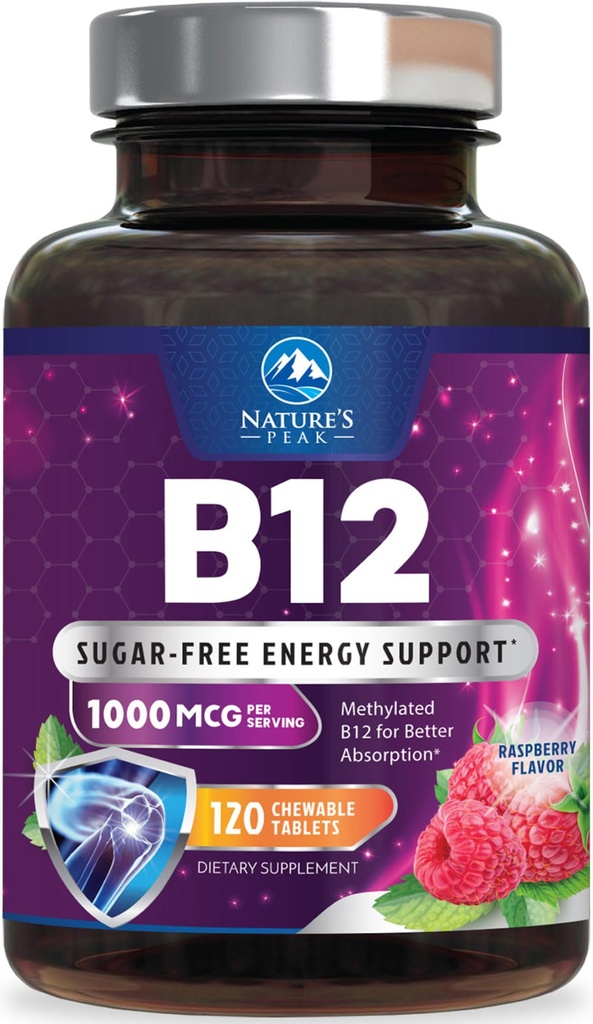Vitamin B12 Complex (Methylcobalamin) 1000 mcg - 3X Strength B 12 Vitamins Supplement for Cellular Energy Metabolism, Nature's Nervous System Support, Bottled USA, Berry Flavor - 120 Chewable Tablets