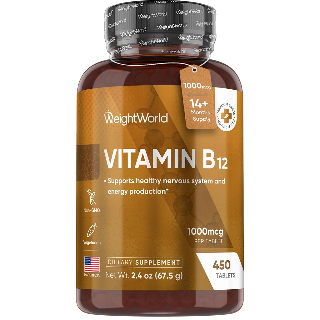 WeightWorld Vitamin B12 1000 mcg Supports Healthy Nervous System, Immunity & Energy Production - 450 Mini Tablets, 1+ Year Supply - Bioavailable B12 Methylcobalamin - Made in USA, Vegetarian, Non-GMO