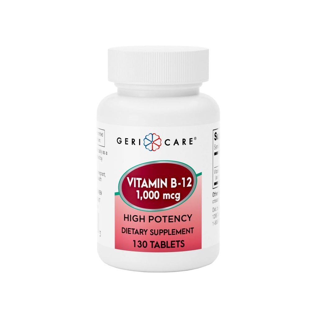 GeriCare Vitamin B-12 1000mcg High Potency Tablets, Premium Dietary Supplement for Boosting Energy, Supporting Brain Health, and Maintaining a Healthy Nervous System 130 Count (Pack of 1)