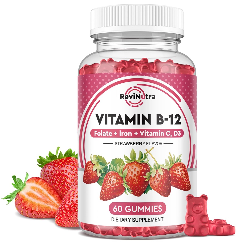 Vitamin B12 Gummies - 5000 mcg Methylcobalamin with Iron, Vitamin C, D3 & Folate, Energy Support and Metabolism, Immune, B-12 Complex Chewable Supplement for Men & Women,Strawberry Flavor