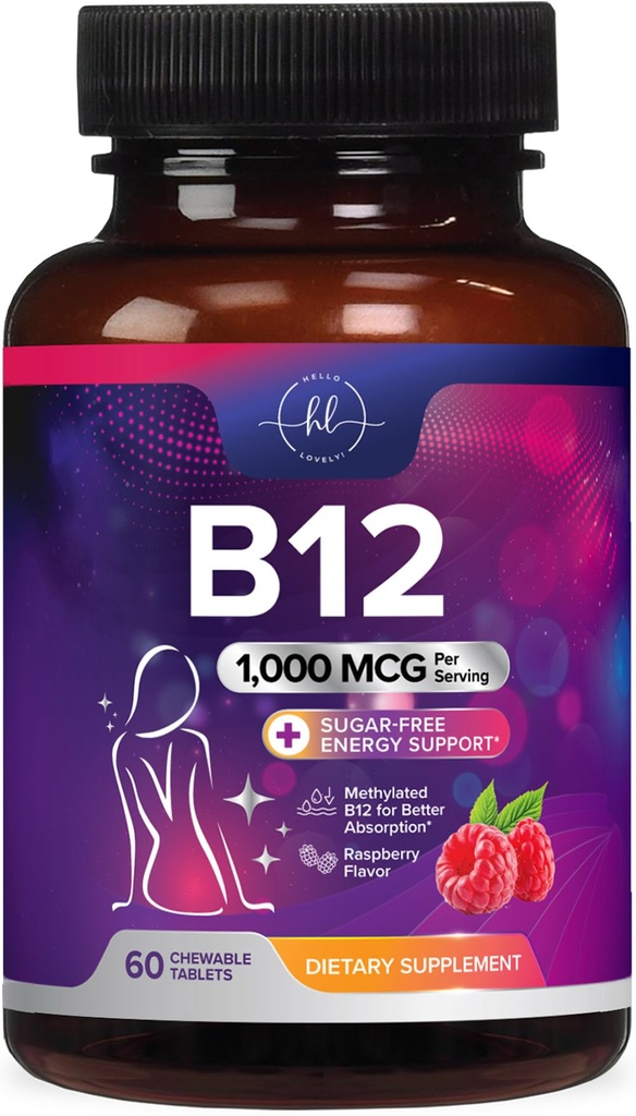 Vitamin B12 1000 mcg per Serving Chewables - B12 Complex with Heart & Nerve Energy Health Support - Vitamin B-12 Complex with Immune Health Support - Fast Dissolve, Bottled in USA - 60 Chewables