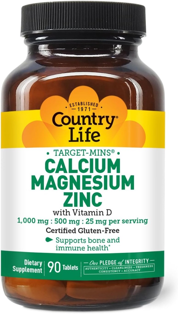País Vida Calci Magnesium Zinc amb un àcid vitamina D3 i L-Glutamic, Dietari suplementari per a la implementació de Bone, Certified Guten Free, 1000mg/500mg/25mg, 90 taules