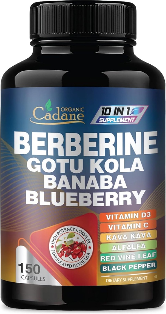 Cadane Premium Berberine Extract - Suplemen Berberine 10in1 dengan Ganda Kola, Banaba Leaf & More - 150 Capsules untuk Imunitas & Sistem Sumsult