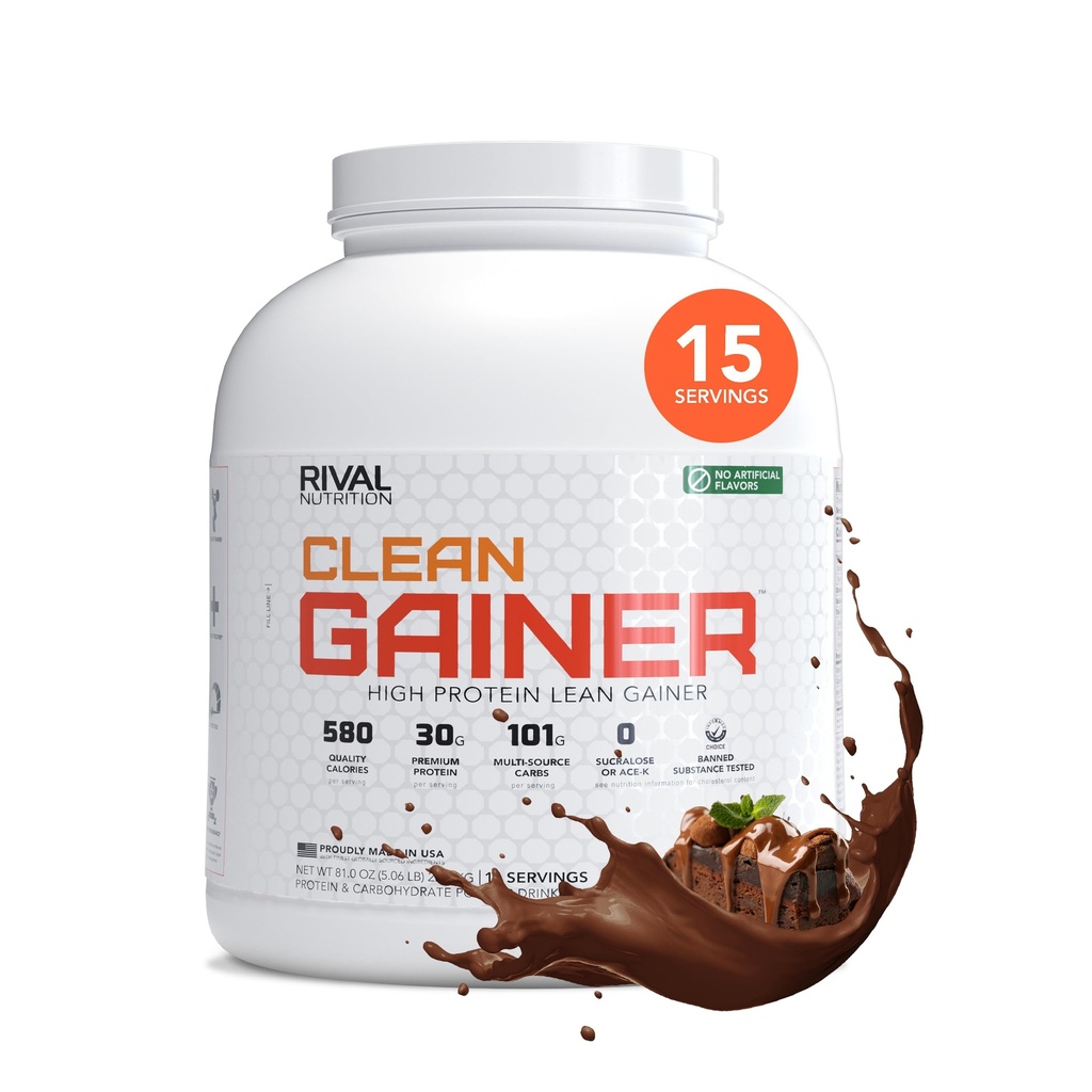 RIVAL NUTRITION Clean Gainer Chocolate Fudge High-Protein Lean Gainer Powder I 5 Lb, 15 Servings I 580 Calories, 30g Protein, 101g Multi-Source Carbs Per Serving I Natural Flavors, Clean Ingredients