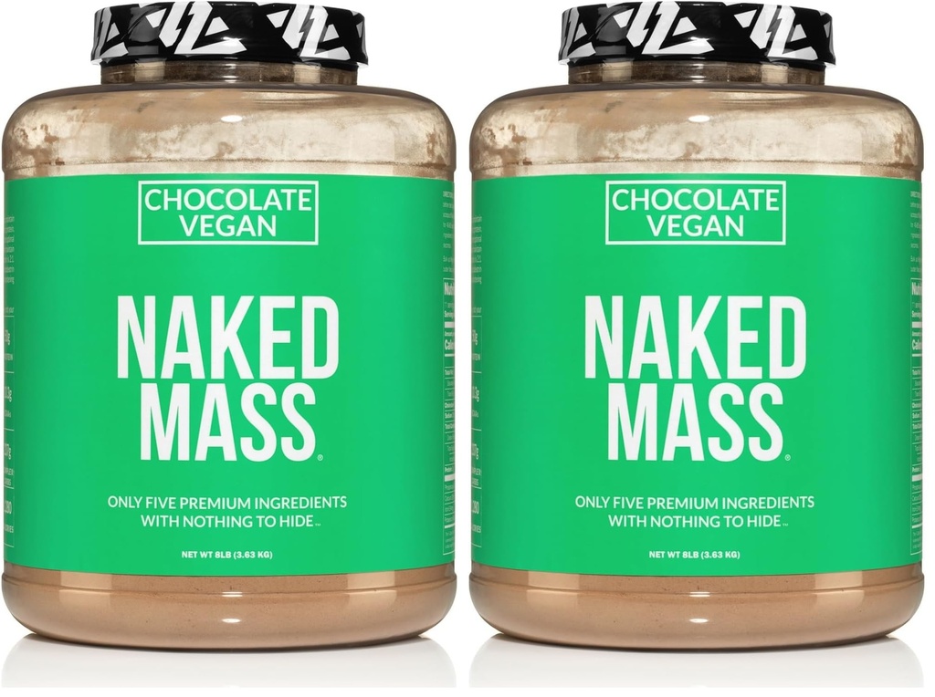 NAKED Vegan Mass - Chocolate Vegan Weight Gainer - 1,280 Calories, Non-GMO, Soy & Gluten Free, No Artificial Ingredients - 8LB Bulk - 11 Servings (Pack of 2)