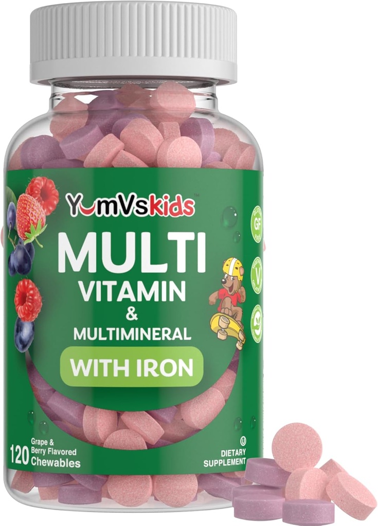 YemVs kids Multivitamins amb Iron i Mines Chewrubles Manveen Grape & Berry Flavaor Viventades per Toddlers i Children Åge 2+Clind Daily Multivitamins per a Imneund, Kosher, No-GOvlis 120 Chewables