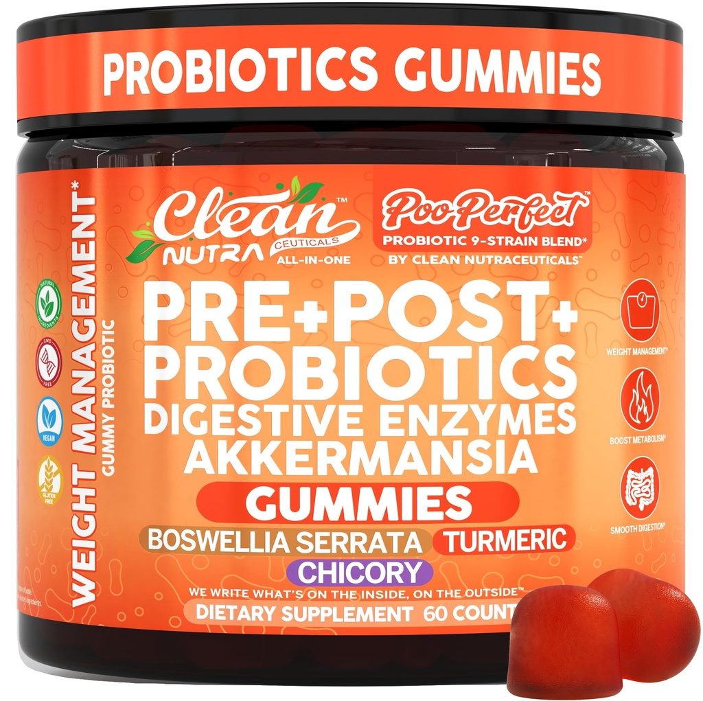 Clean Nutra Prebiotic Postbiotic Digestive Enzymes Gummies with Chicory Root, Boswellia Serrata, Turmeric, and Akkermansia | Pre+Post Probiotics Supplement | 60 Count Gummy | PooPerfect